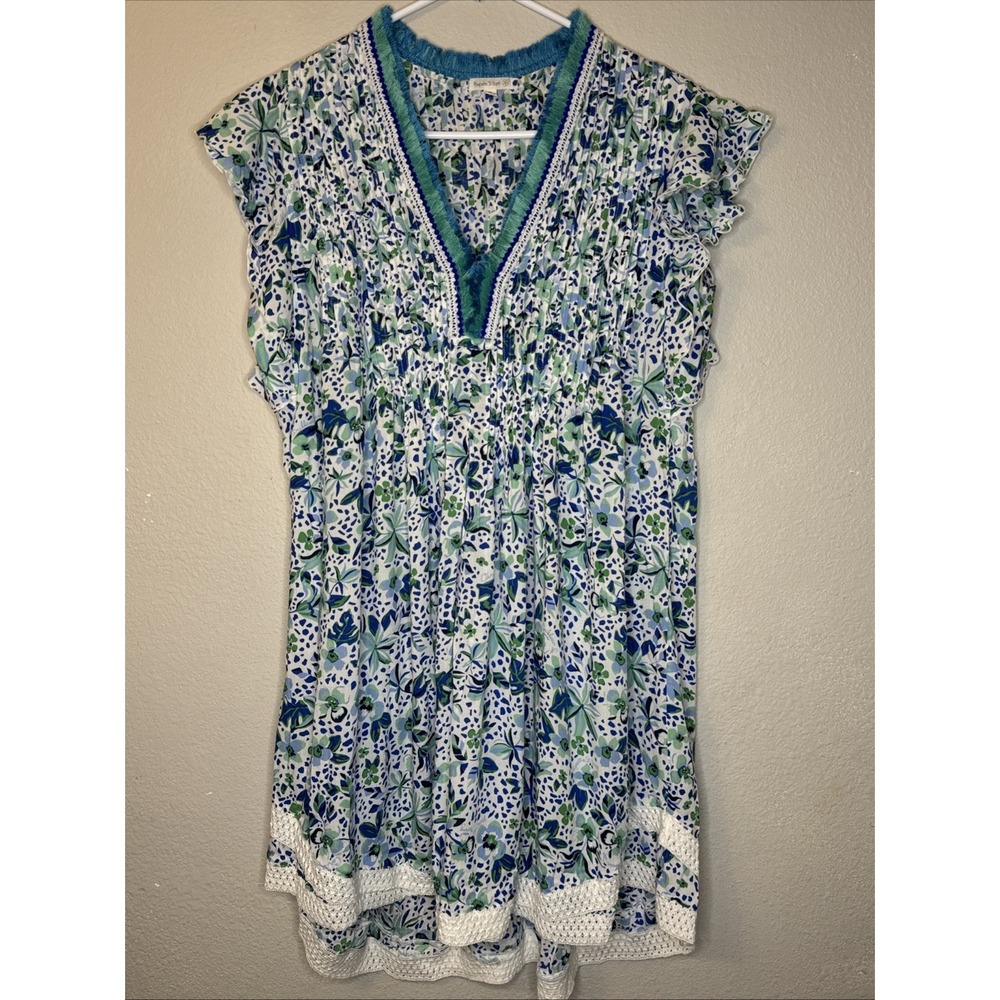 POUPETTE ST BARTH BLUE GREEN WHITE FLORAL CROCHET SASHA PLEATED MINI DRESS M